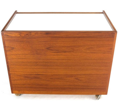 Teak Danish Modern Petit Serving Credenza on Wheels Bar Liquor Cabinet Dresser