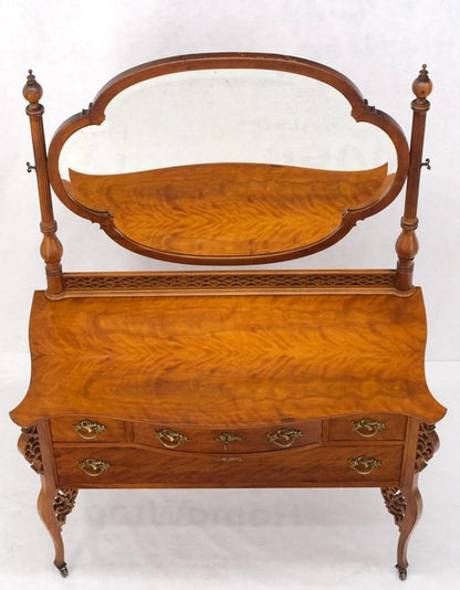 Antique Carved 4 Drawers Dresser w/ Large Beveled Swivel Clove Shape Mirror