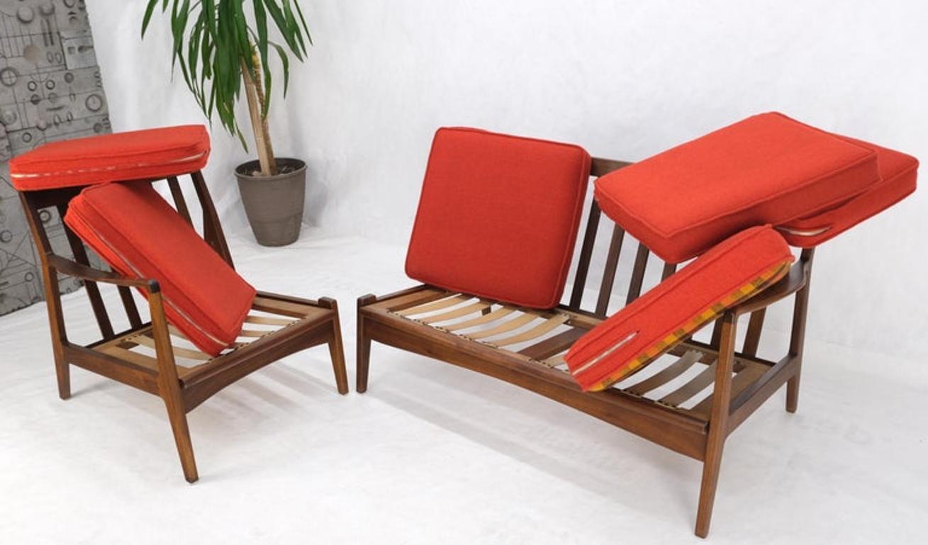 Danish Mid-Century Modern Walnut Lounge Chair Settee Loveseat Couch Sofa Set