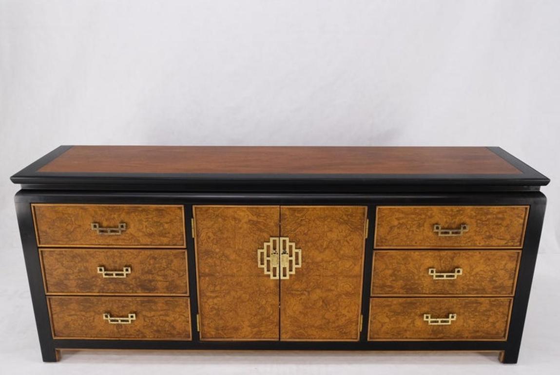 Burl Wood Black Ebonized Border 9 Drawers Long Dresser Credenza Brass Pulls Mint