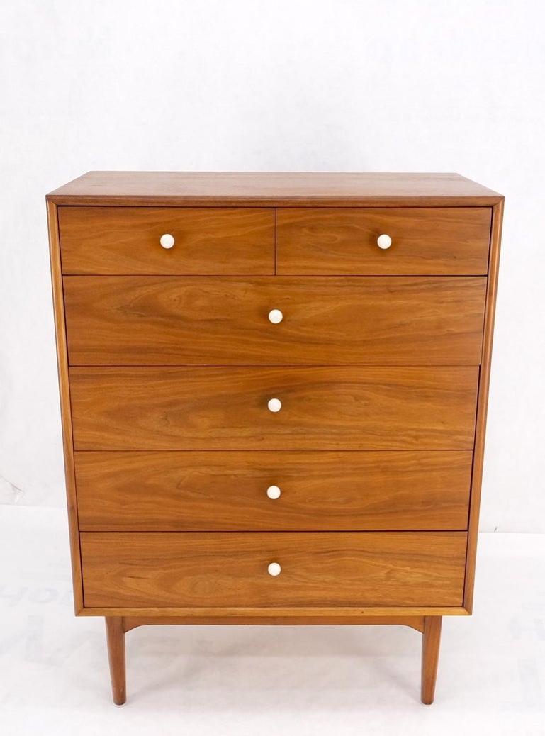 Mid Century 6 Drawers Walnut High Chest Dresser W/ Porcelain Ball Pulls Mint!