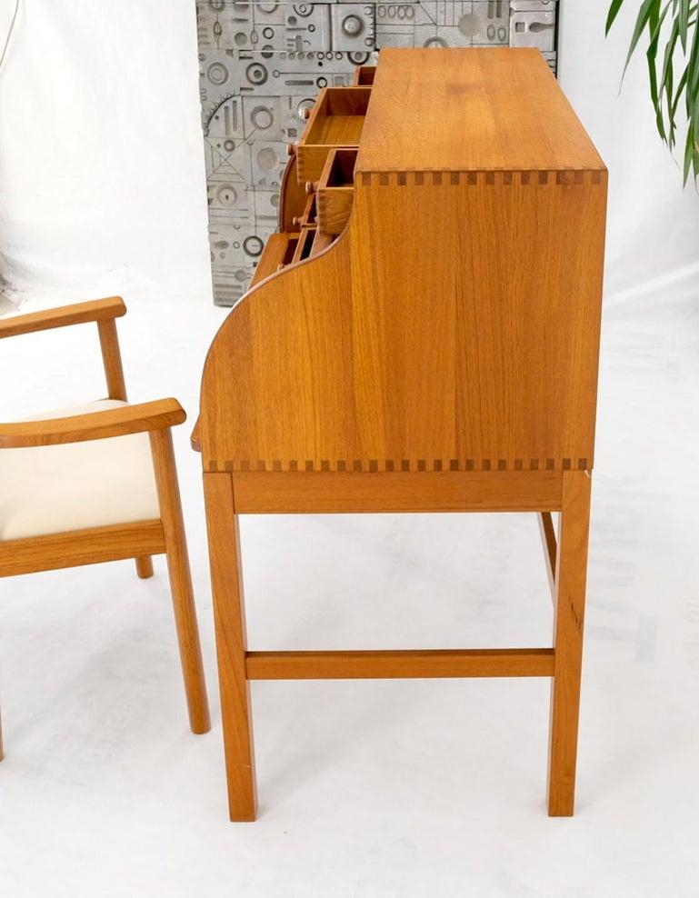 Danish Mid-Century Modern Solid Teak Pull Out Roll Top Desk Drawers Chair Mint