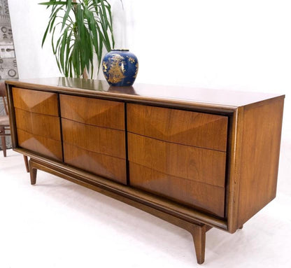 Mid-Century Modern Sculpted Walnut 9 Diamond Front Drawers Dresser Mint