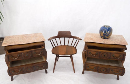 Pair Custom Bombe Shape Marble Top Brass Drop Pulls 2 Drawer Nightstands Tables