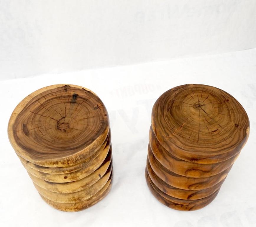Pair Solid Carved Wood Cylinder Shape Bases Glass Top End Side Tables Stands