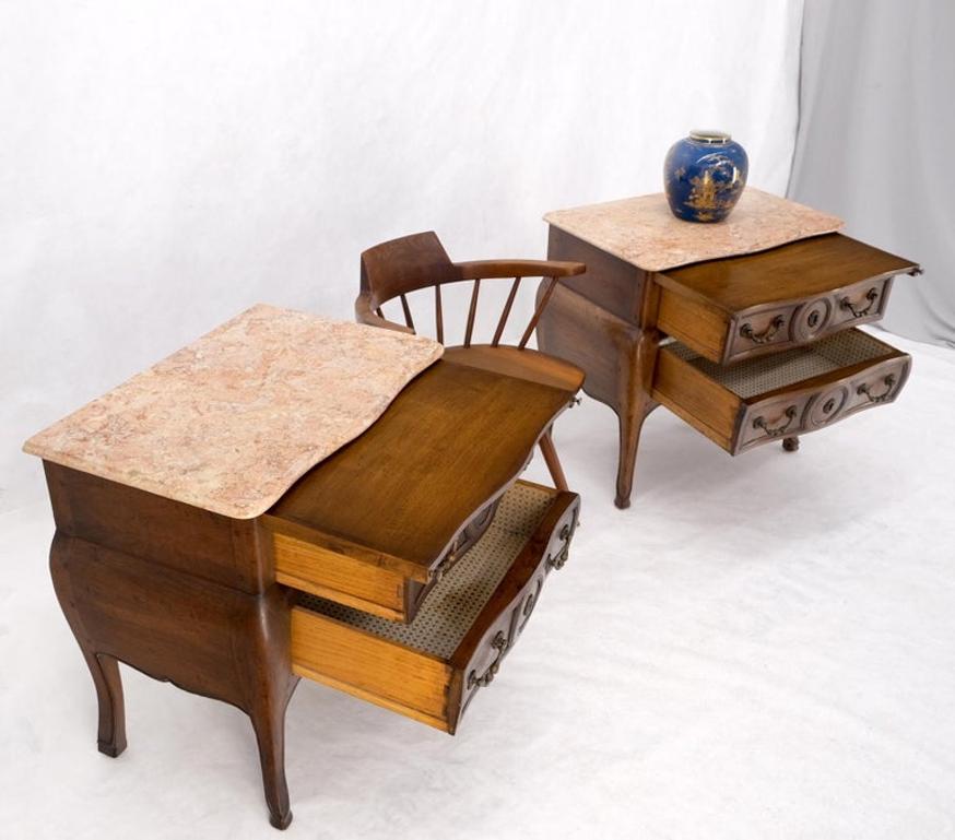 Pair Custom Bombe Shape Marble Top Brass Drop Pulls 2 Drawer Nightstands Tables