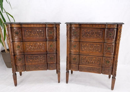 Pair Antique Marble Top Finely Carved 3 Drawers Brass Pulls Bachelor Chests MINT