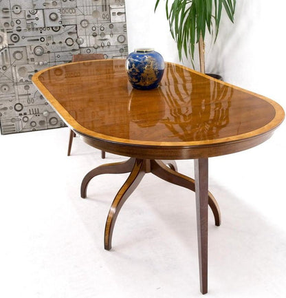 Charak Lacquered Mahogany Banded Round Dining Table w/ 2 Leaves Inlaid Legs Mint