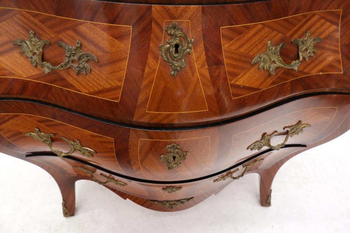 Bombe French Marble-Top Bronze Ormolu Louis XV Style 3 Drawers Dresser Commode