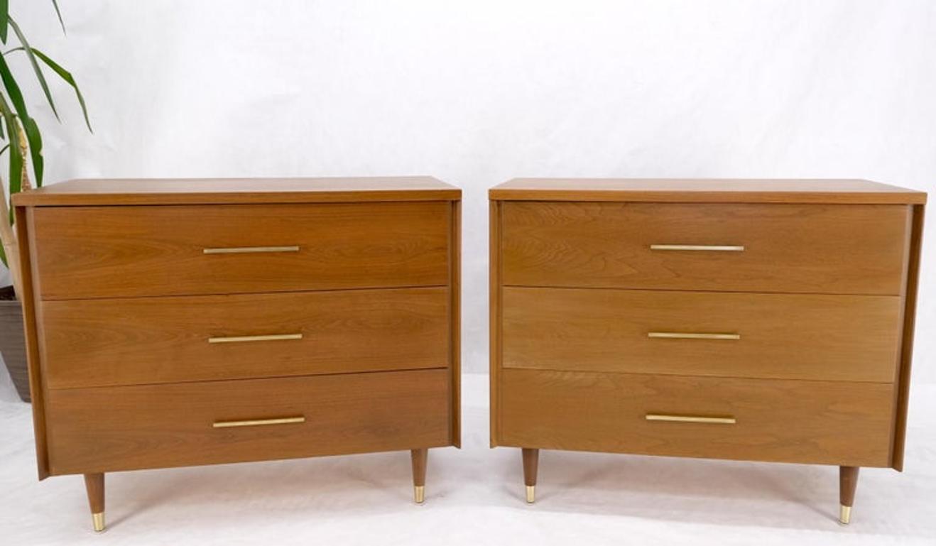Pair John Stuart Refinished 3 Drawer Bachelor Chests Dressers W/ Long Brass Pull