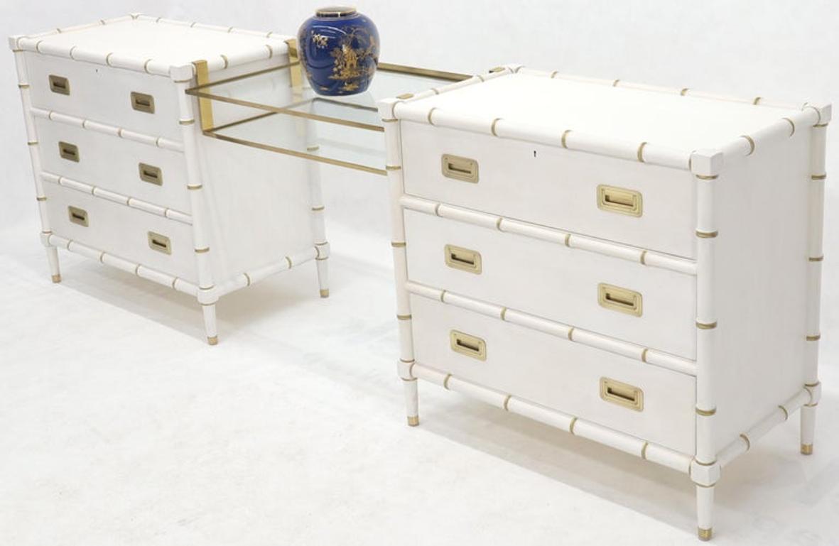 Pair of White Lacquer Brass Hardware Bachelor Chest with Suspended Brass Vanity
