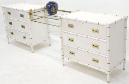 Pair of White Lacquer Brass Hardware Bachelor Chest with Suspended Brass Vanity