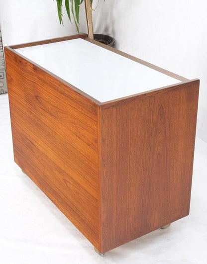 Teak Danish Modern Petit Serving Credenza on Wheels Bar Liquor Cabinet Dresser