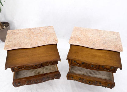 Pair Custom Bombe Shape Marble Top Brass Drop Pulls 2 Drawer Nightstands Tables