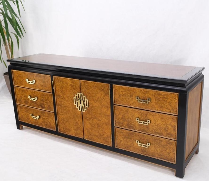Burl Wood Black Ebonized Border 9 Drawers Long Dresser Credenza Brass Pulls Mint
