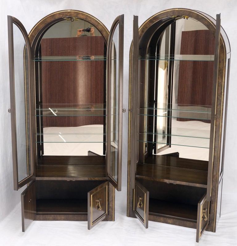 Pair Mastercraft Dome Shape Burl Wood Curio Display Cabinets w Shelves Lights