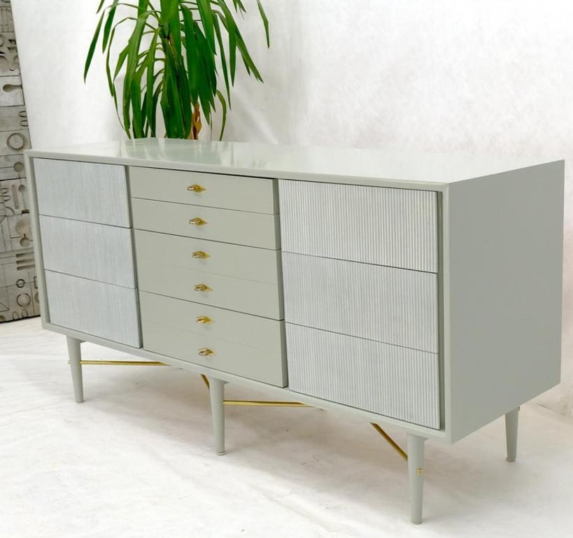 Two Tone Light Grey & White Fluted Drawer Fronts Brass Stretchers Long Dresser