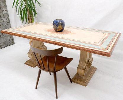 Enamel Decorated Marble Top Dining Table on Carved Gold Lyre Shape Pedestals