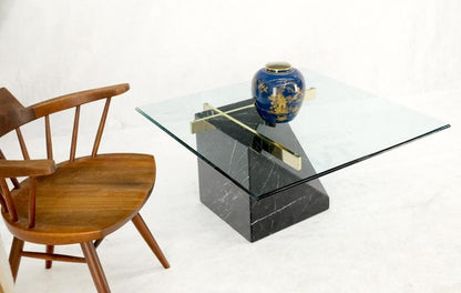 Black Cube Shape Marble Base Brass Stretchers Square Glass Top Coffee Table