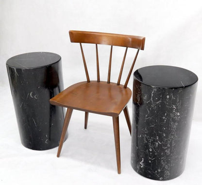 Pair of Black Marble Stone Veneer Sheeted Tiled Round Cylinder Pedestals