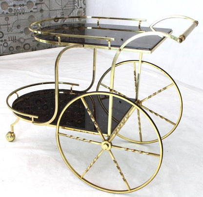 Brass Tortoise Finish Glass Bar Serving Cart on Large Carriage Style Wheels