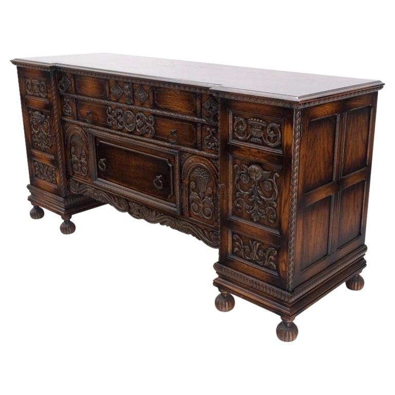 Jacobean Fine Carved Oak Sideboard Credenza Buffet Cabinet Mint