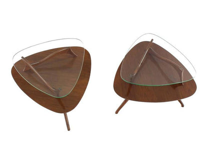 Pair of Round Triangular Tri Legged Two Tier Side End Tables