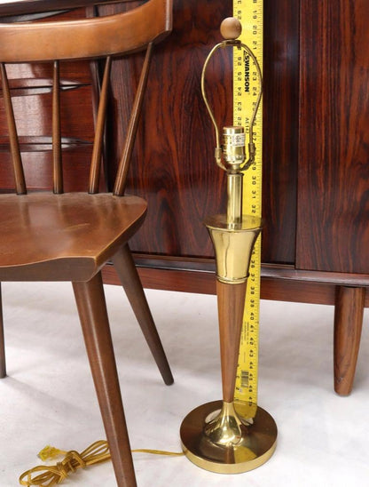 Pair of Walnut and Brass Mid-Century Modern Table Lamps