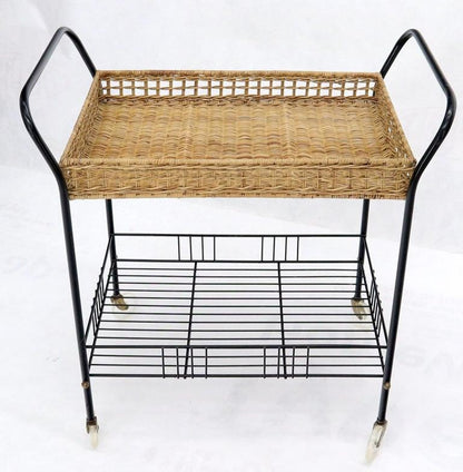 Wicker & Bent Steel Mid-Century Modern Serving Cart Side Table on Wheels