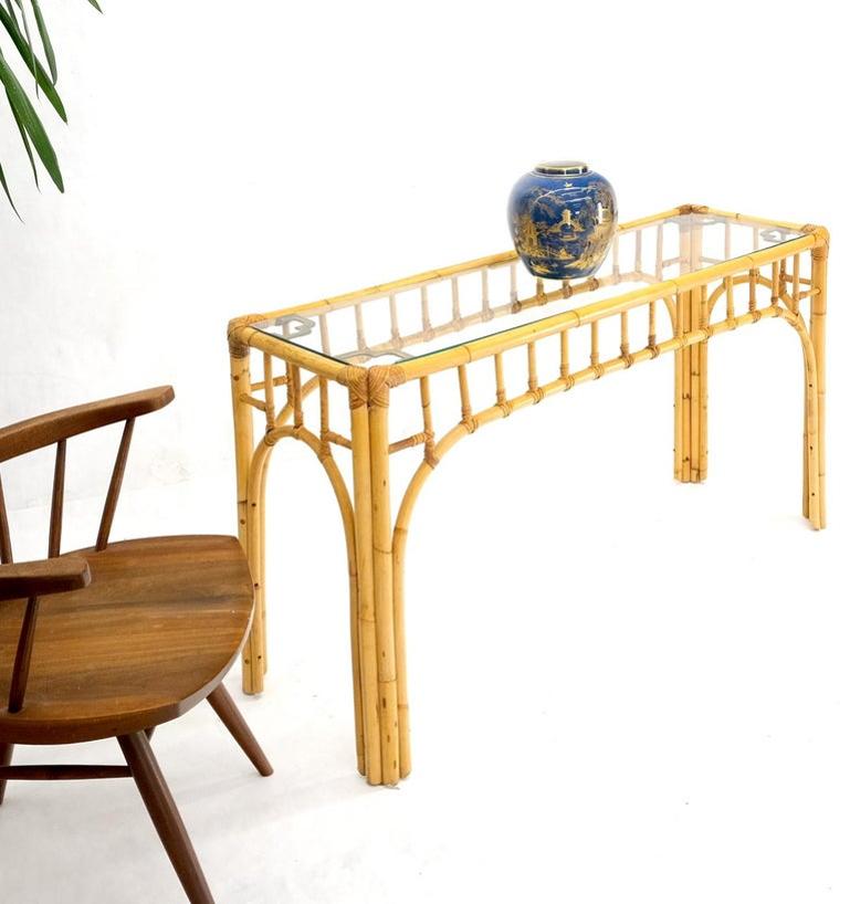 Bamboo Frame Glass Top Console Table w/ Figurative Brass Supports