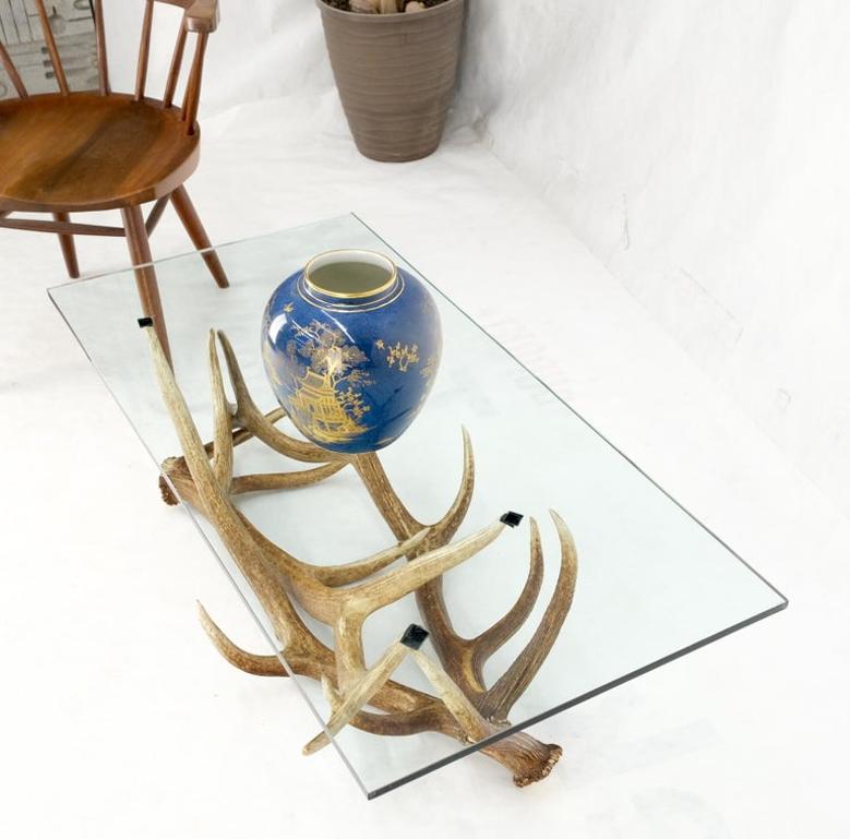 Antler Grouping Base Glass Rectangle Top Coffee Table Folk Art Mid Century Mod