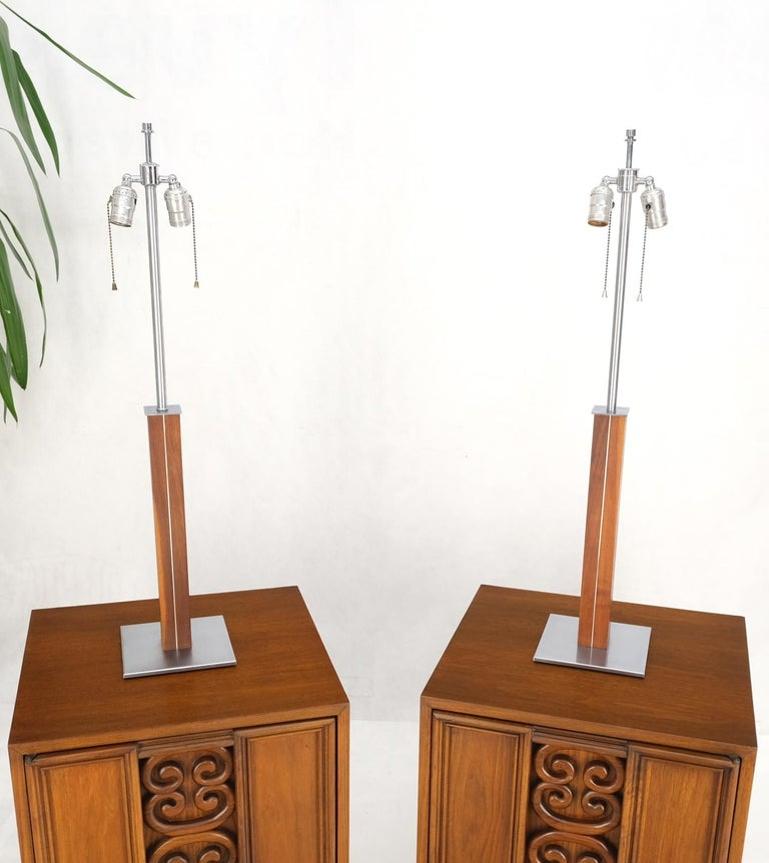 Pair Walter Von Nessen for Nessen Studios Walnut Inlaid Chrome Tower Table Lamp