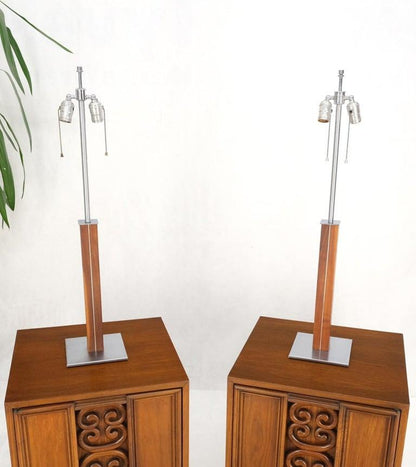 Pair Walter Von Nessen for Nessen Studios Walnut Inlaid Chrome Tower Table Lamp