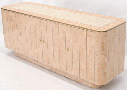 Rounded Corners Tessellated Stone Brass Inlay 4 Doors Credenza Cabinet