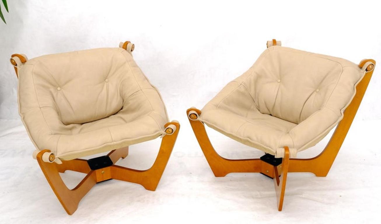 Pair of Mid Century Danish Modern Teak Frames Leather Sling Seat Lounge Chairs