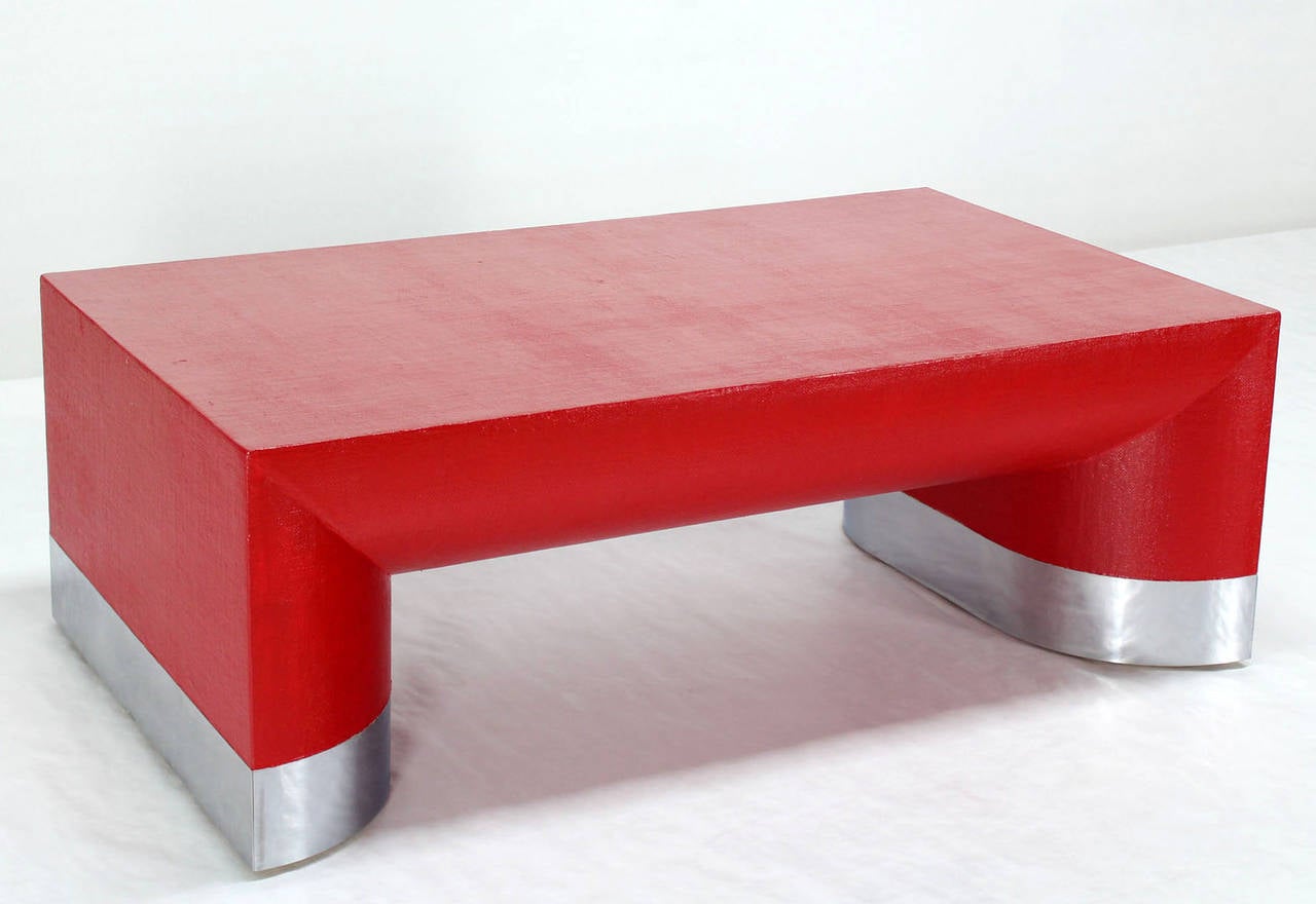 Large Rectangle Grass Cloth Mid-Century Modern Coffee Table in Fire Red