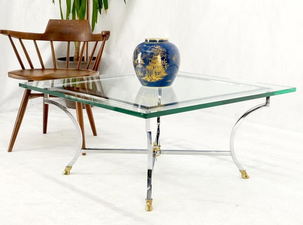 Brass Hoof Feet Polished Chrome Glass Top Square Coffee Table Mid-Century Modern