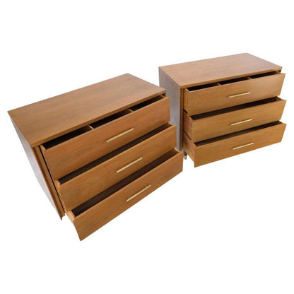 Pair John Stuart Refinished 3 Drawer Bachelor Chests Dressers W/ Long Brass Pull