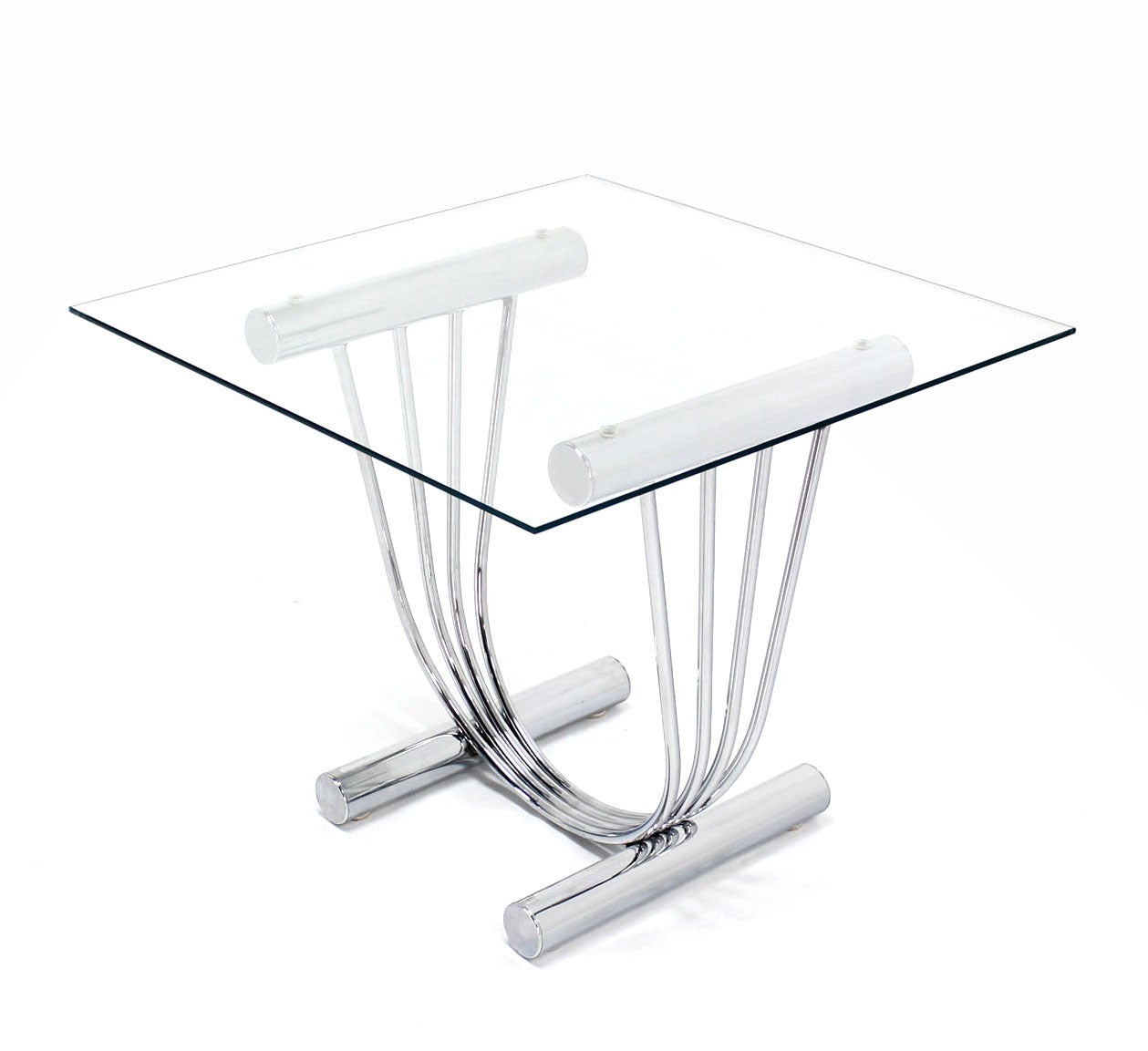 Pair of Chrome and Glass-Top End Tables with U-Shape Bases