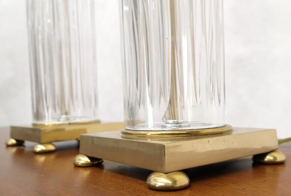 Pair of Fine Cut Glass Crystal Cylinder Shape Table Lamps on Brass Bases