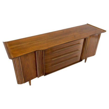 American Walnut long Dresser w/ Rolled Edges Curved Front Dresser Brass Pulls