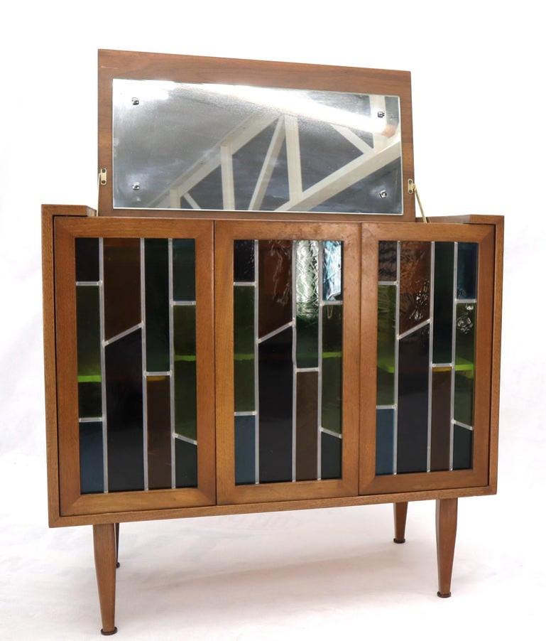 Pair of Two Non Matching Pair Walnut Liquor and Storage Cabinets Stained Glass