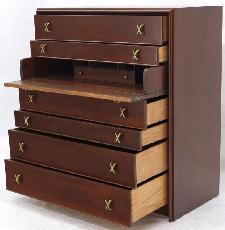 Paul Frankl Brass X-Pulls Brown Cherry High Chest with Drop Front Secretary