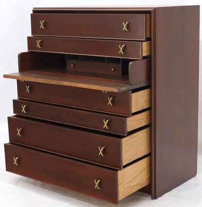 Paul Frankl Brass X-Pulls Brown Cherry High Chest with Drop Front Secretary