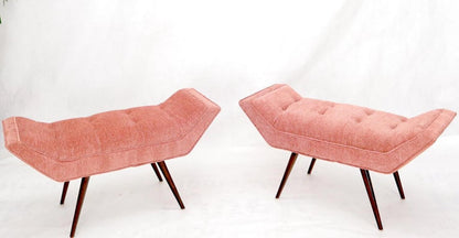 Pair of Mid-Century Modern Pink Velvet Upholstery Dowel Legs Benches