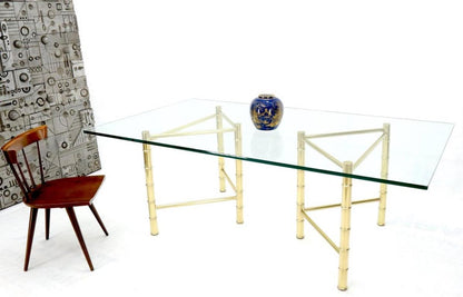 Double Pedestal Faux Brass Bamboo Glass Top Dining Conference Table