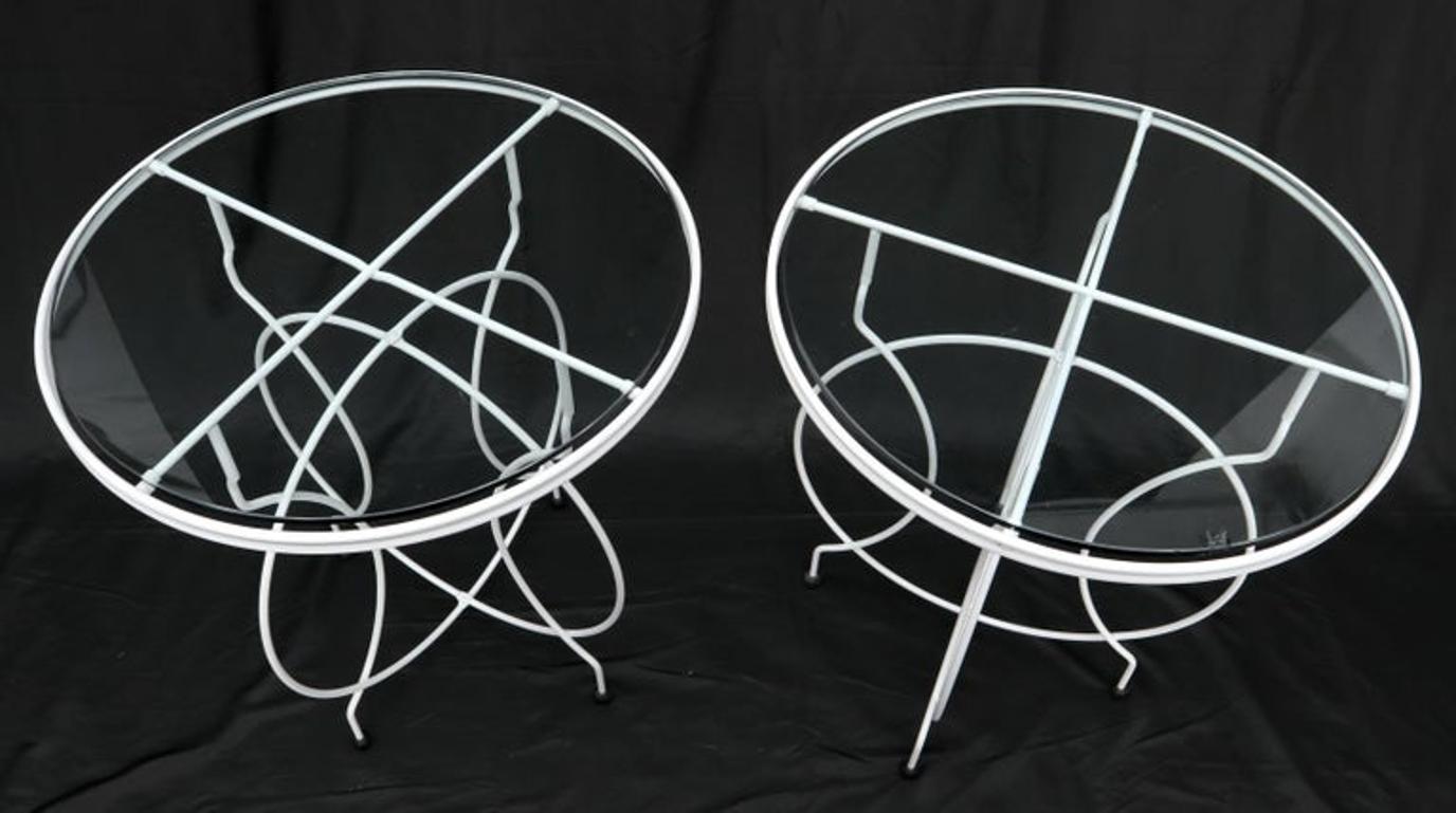 Pair of Midcentury Ice Cream Style Round Folding Cafe Tables Glass Tops