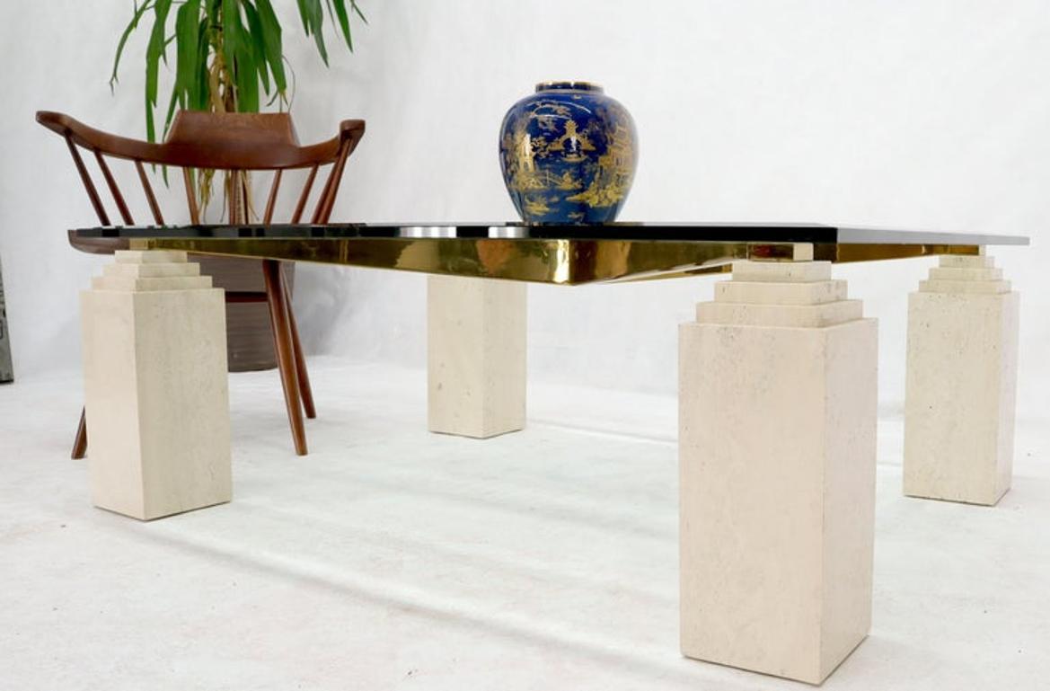 Square Travertine Legs Brass X Shape Base Glass Top Coffee Table