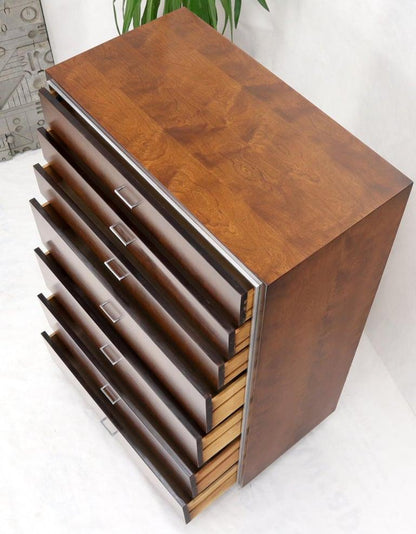 Seven Drawers Burl Wood Chrome Metal Bezel High Chest Dresser by John Stuart