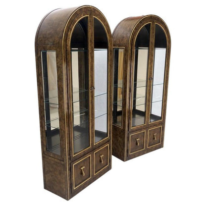 Pair Mastercraft Dome Shape Burl Wood Curio Display Cabinets w Shelves Lights